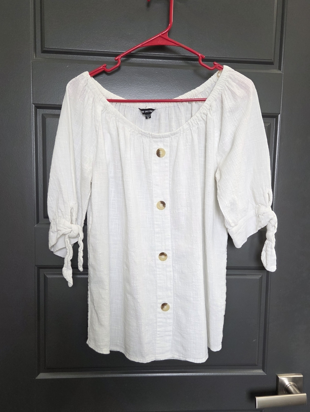 White Button-Front Peasant Top with Tie Sleeves